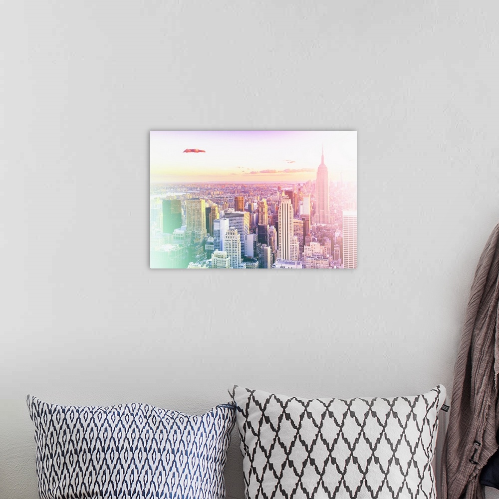 A bohemian room featuring A photograph of a view of New York city in soft pastel faded tones.