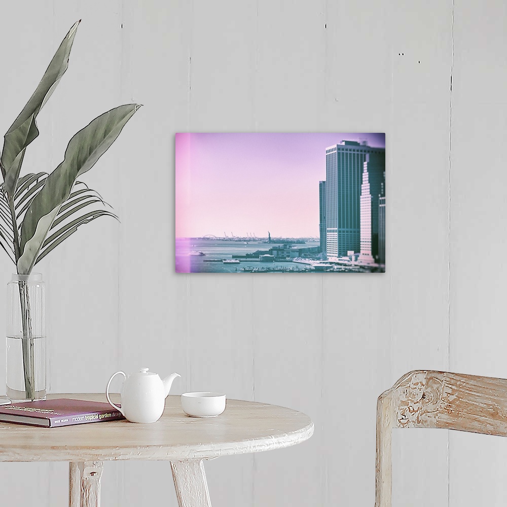 A farmhouse room featuring A photograph of a view of New York city in soft pastel faded tones.
