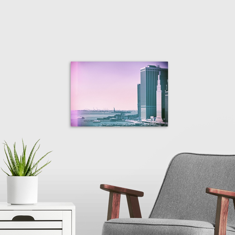 A modern room featuring A photograph of a view of New York city in soft pastel faded tones.