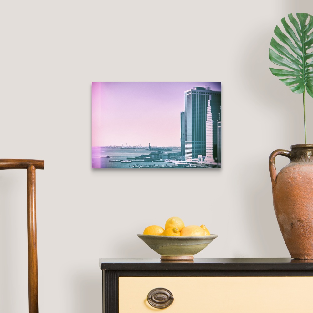 A traditional room featuring A photograph of a view of New York city in soft pastel faded tones.