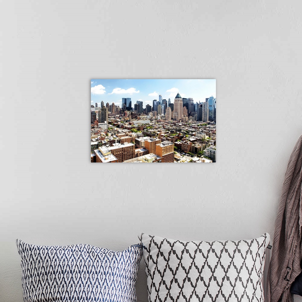 A bohemian room featuring Fine art photograph of the New York skyline on a sunny day.