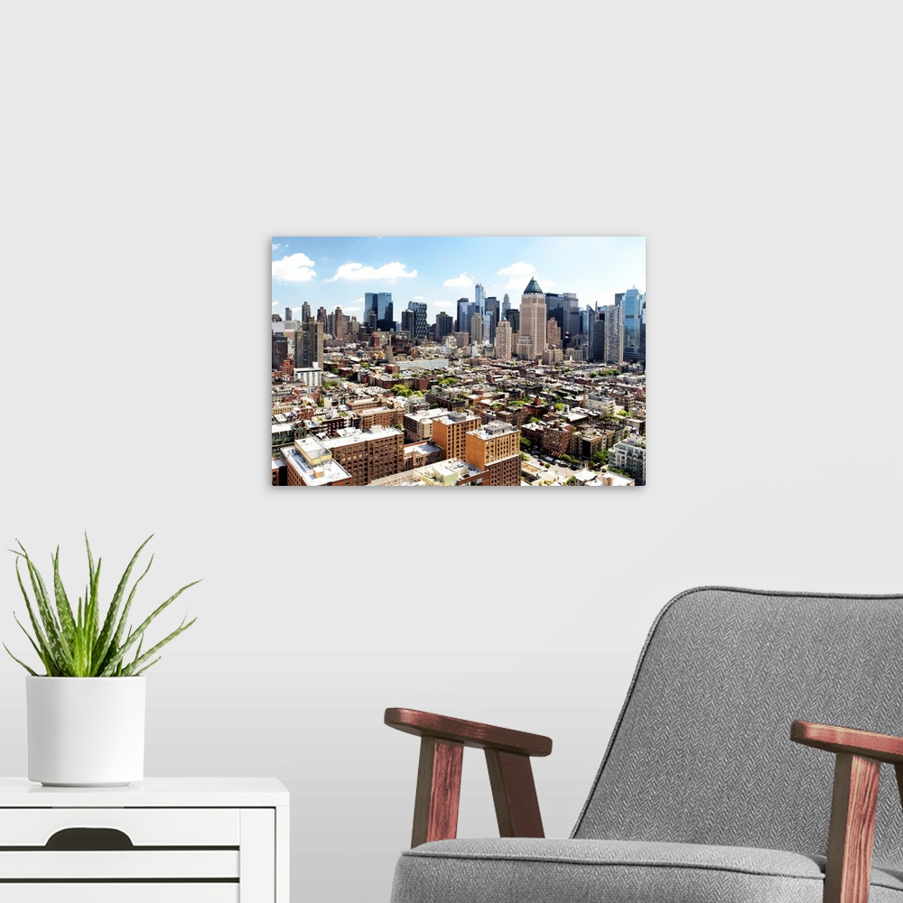 A modern room featuring Fine art photograph of the New York skyline on a sunny day.