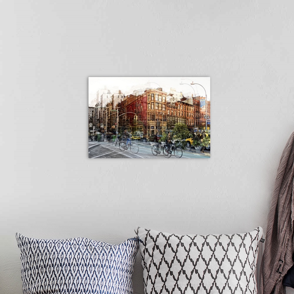 A bohemian room featuring Pedestrians and cyclists in the streets of New York, with a layered effect creating a feeling of ...