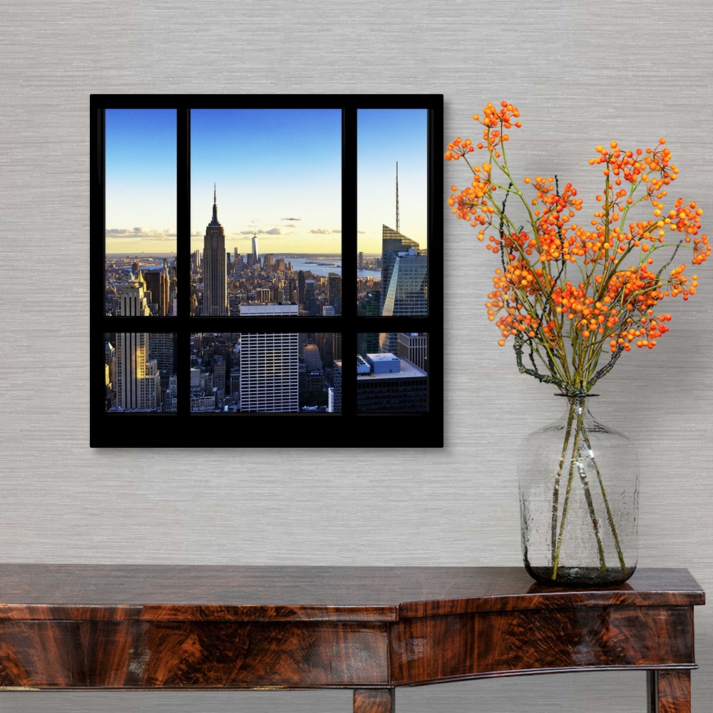 A traditional room featuring Artistic photograph New York city as if viewed from a window.