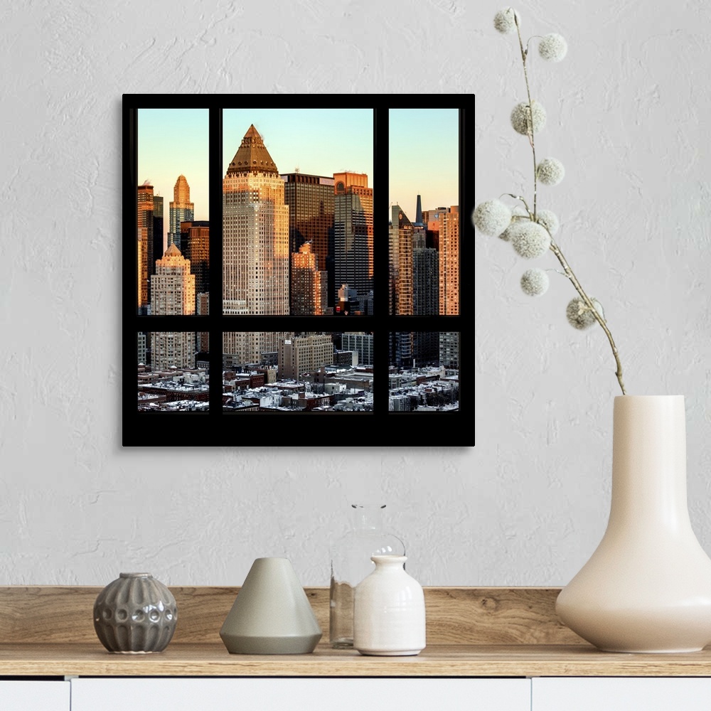 A farmhouse room featuring Artistic photograph New York city as if viewed from a window.