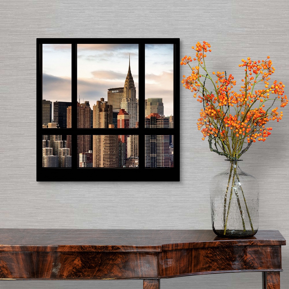 A traditional room featuring Artistic photograph New York city as if viewed from a window.