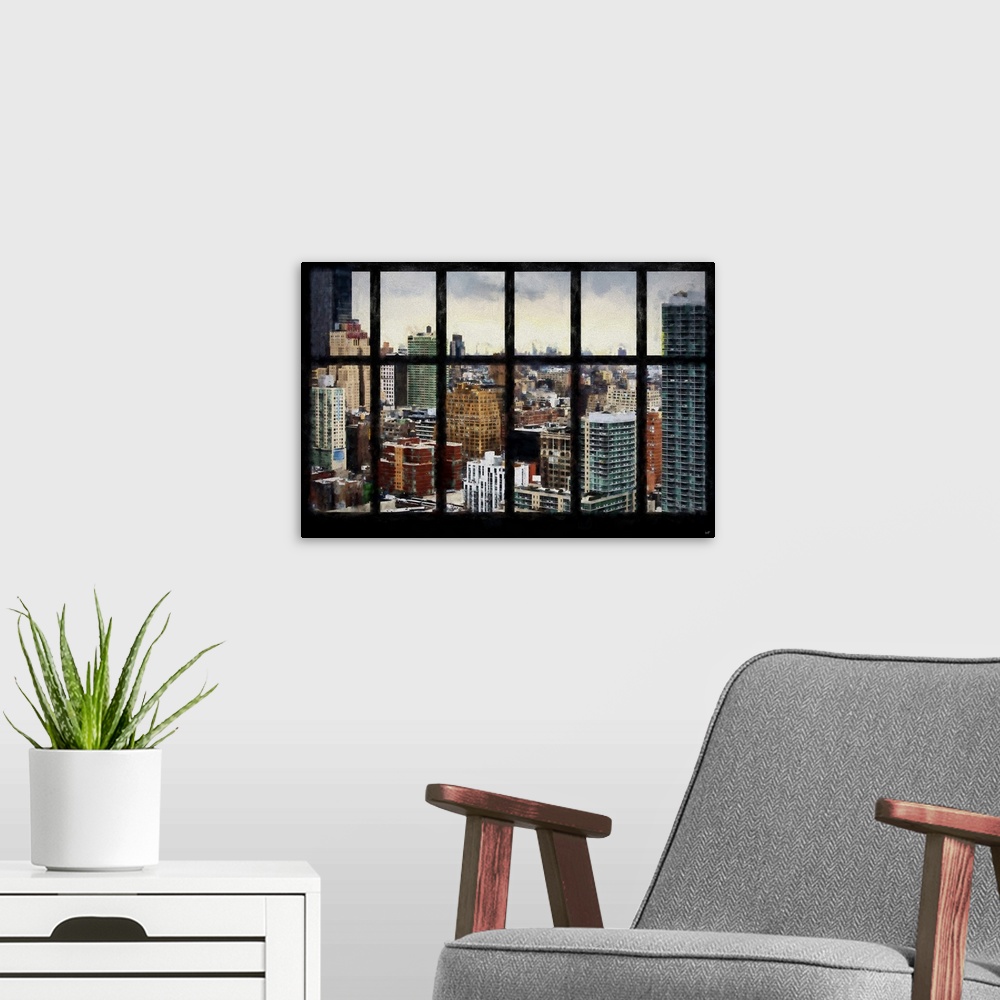 A modern room featuring Photograph with a painterly effect of NYC seen through a window.