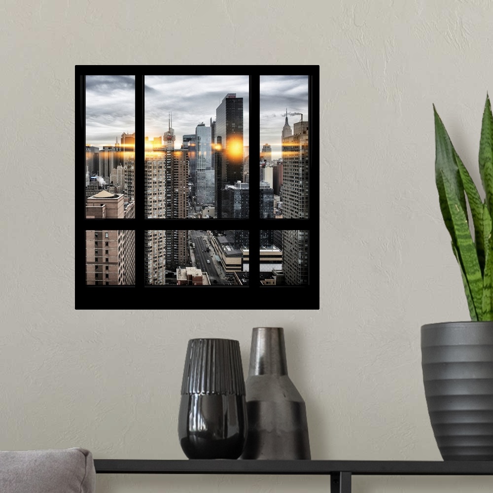 A modern room featuring Artistic photograph New York city as if viewed from a window.