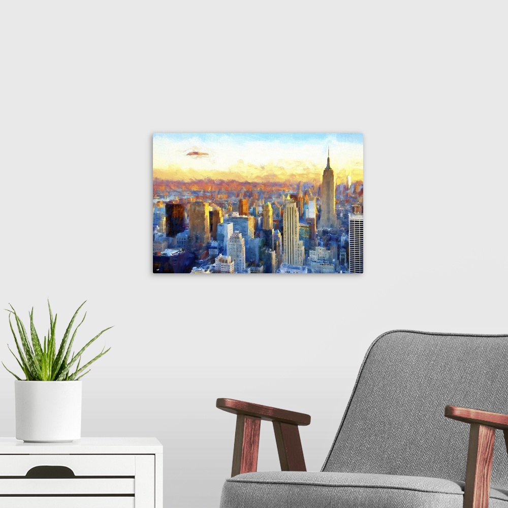 A modern room featuring Artistic painterly photograph of the Empire State building in Manhattan, New York city.