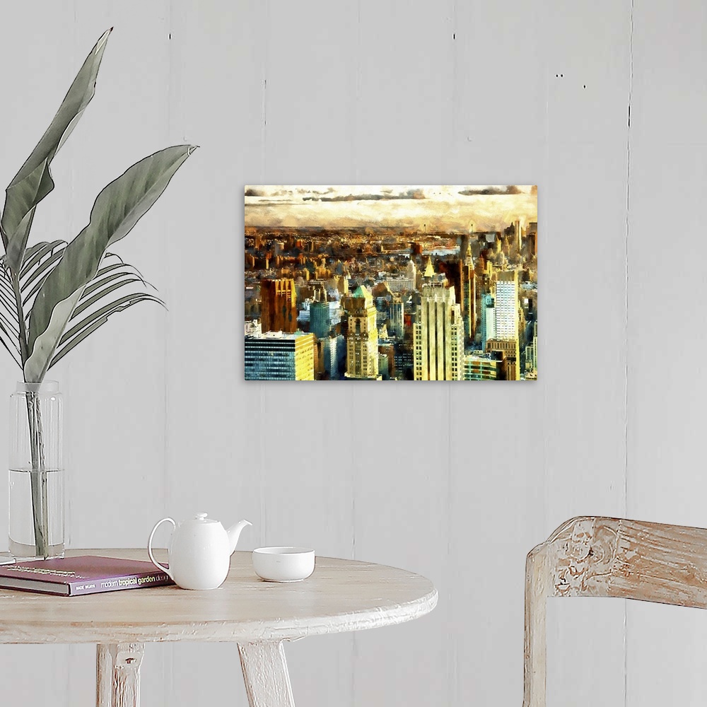 A farmhouse room featuring Photograph with a painterly effect of New York city.