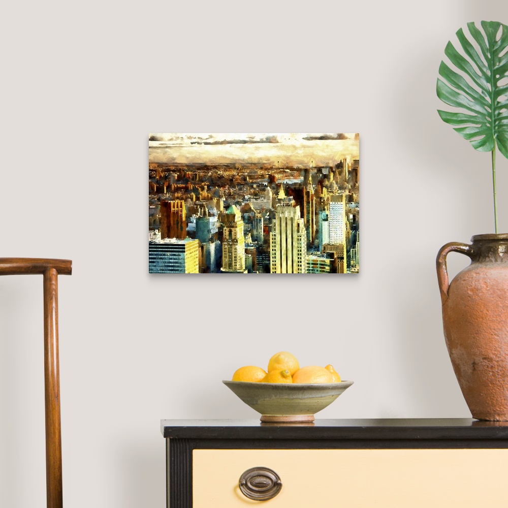 A traditional room featuring Photograph with a painterly effect of New York city.