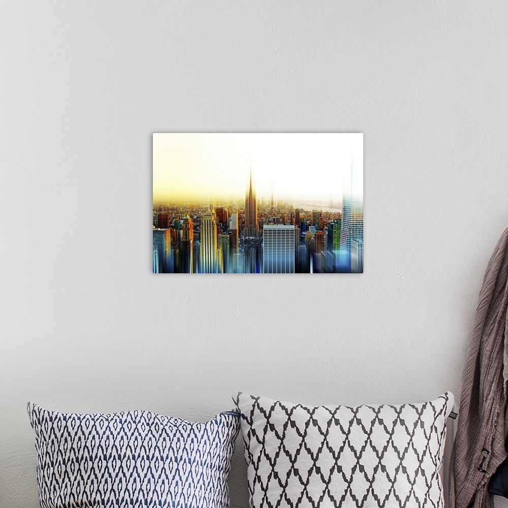 A bohemian room featuring New York City skyline in the morning, with a layered effect creating a feeling of movement.