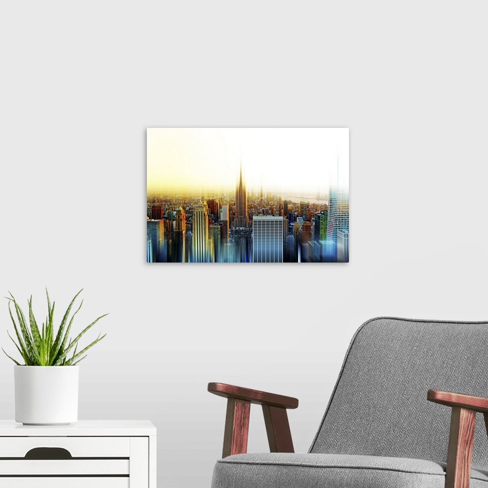 A modern room featuring New York City skyline in the morning, with a layered effect creating a feeling of movement.