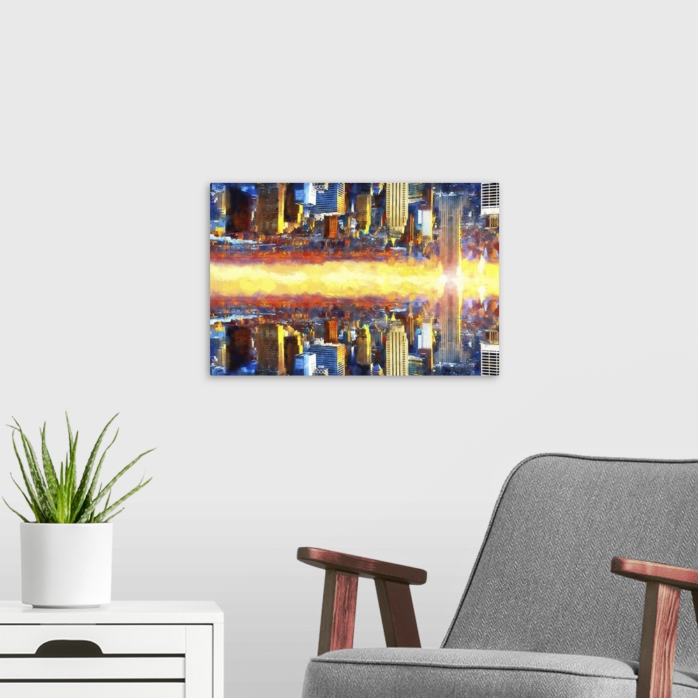 A modern room featuring Photograph with a painterly effect of New York city reflecting itself.