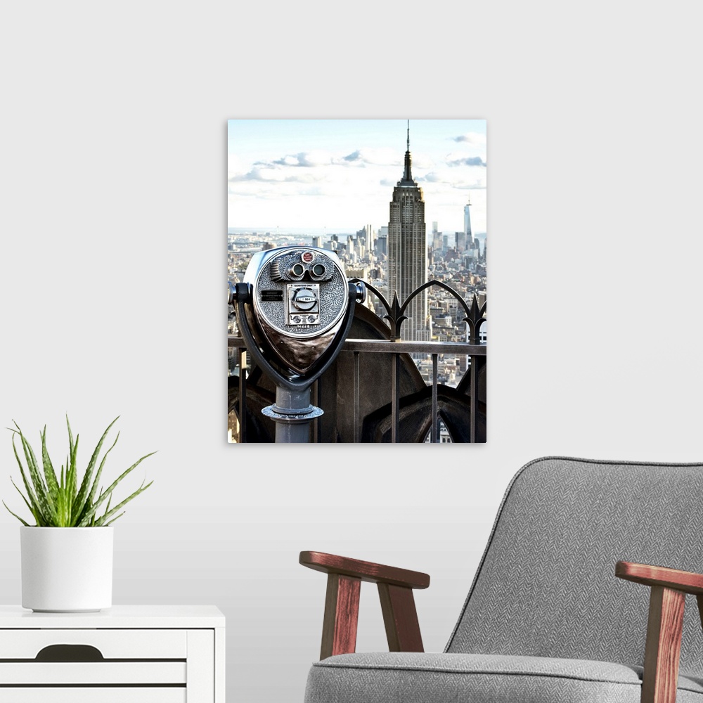 A modern room featuring Fine art photo of coin operated binoculars on the observatory of a building, with the Empire Stat...