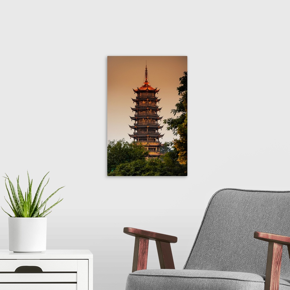 A modern room featuring Pagoda at dusk, China 10MKm2 Collection.