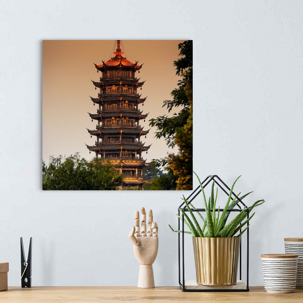 A bohemian room featuring Pagoda at dusk, China 10MKm2 Collection.