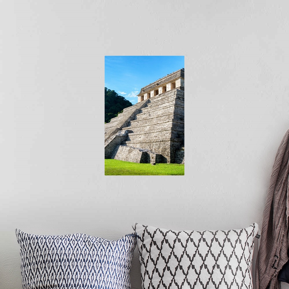 A bohemian room featuring Photograph of Palenque, Temple of Inscriptions at Mayan archaeological site, Mexico. From the Viv...