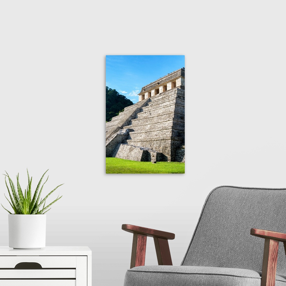 A modern room featuring Photograph of Palenque, Temple of Inscriptions at Mayan archaeological site, Mexico. From the Viv...