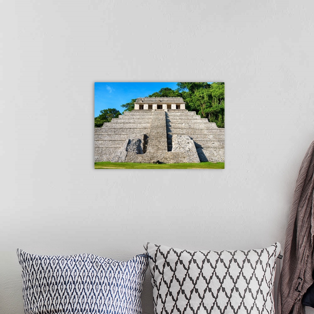 A bohemian room featuring Photograph of The Mayan Temple of Inscriptions in Palenque (anciently known as Lakamha), Mexico. ...