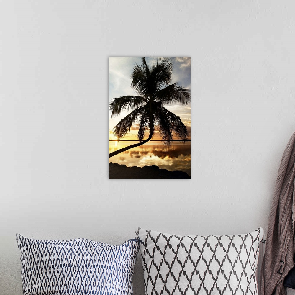 A bohemian room featuring A silhouetted palm tree stretching out over the ocean at dusk.