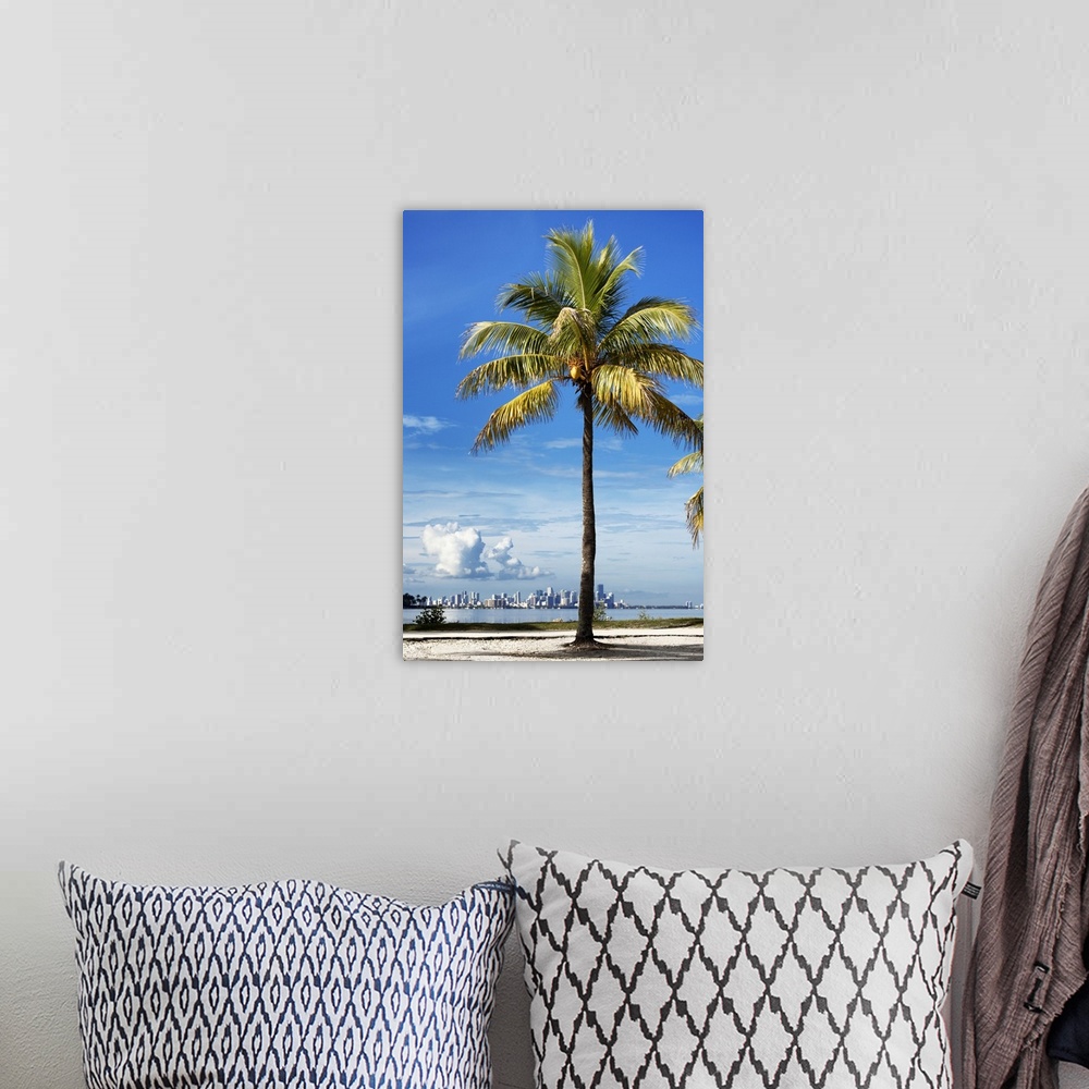 A bohemian room featuring A palm tree on the coast with the city of Miami in the distance.