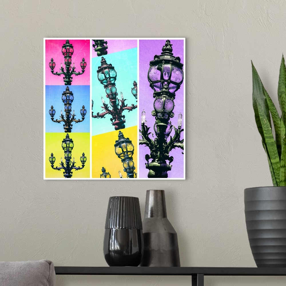 A modern room featuring Artistic photography of a Parisian lamppost in a colorful tiled pop art style.