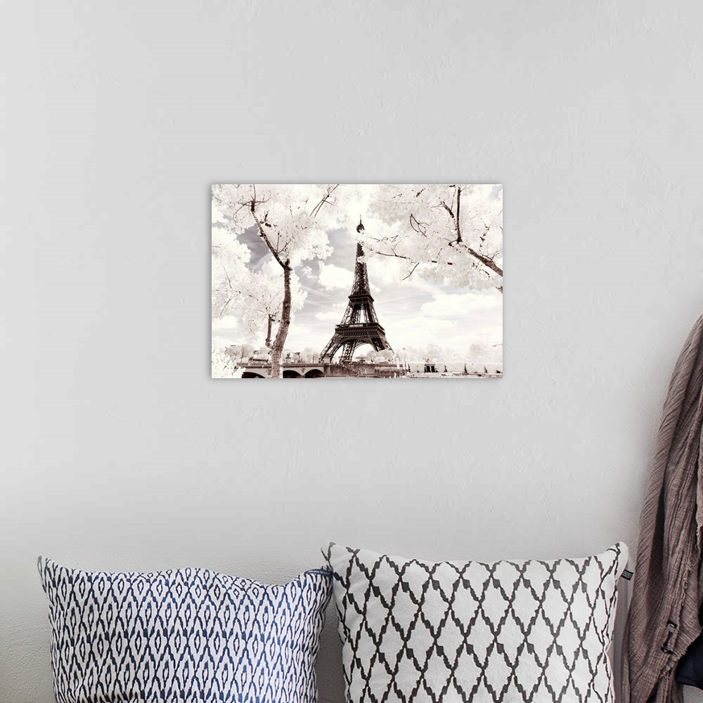 A bohemian room featuring It's a winter landscape in Paris with the Eiffel Tower under the snow. The trees have white leave...