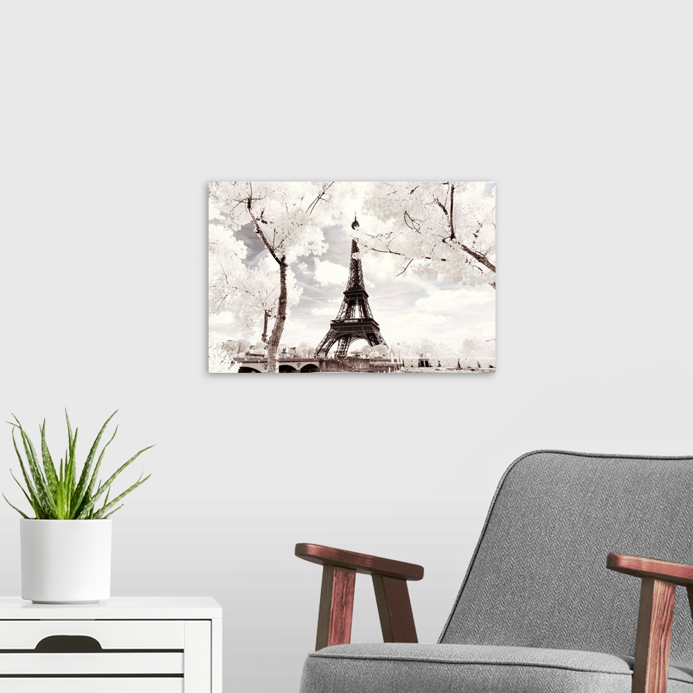 A modern room featuring It's a winter landscape in Paris with the Eiffel Tower under the snow. The trees have white leave...
