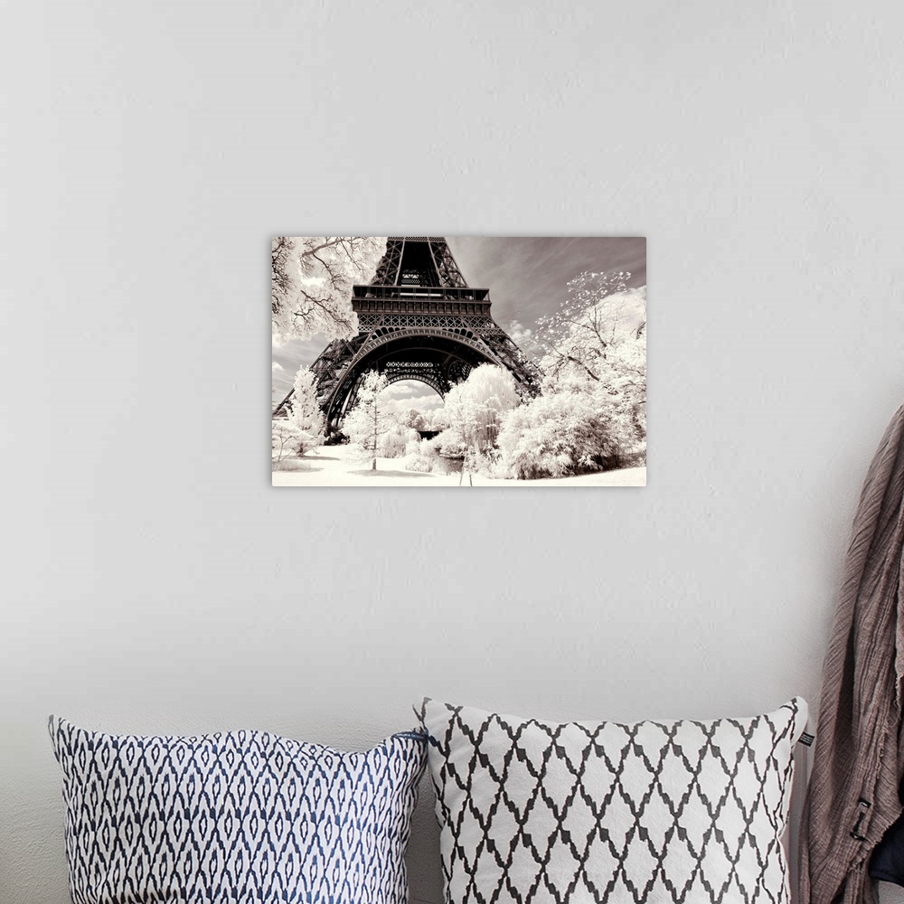A bohemian room featuring It's a winter landscape in Paris with the Eiffel Tower under the snow. The trees have white leave...