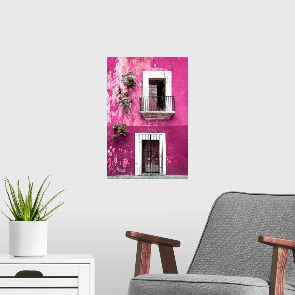 A modern room featuring Photograph of a rustic pink wall in Mexico with peeling paint, a balcony, door, and plants growin...