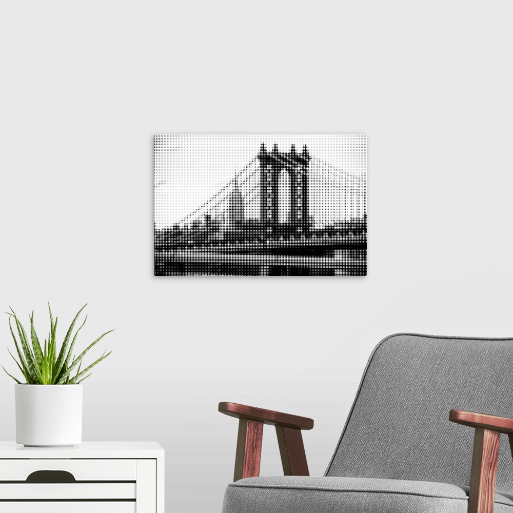 A modern room featuring Artistic photograph of the Manhattan bridge with a black and white pixel grain filter over the im...