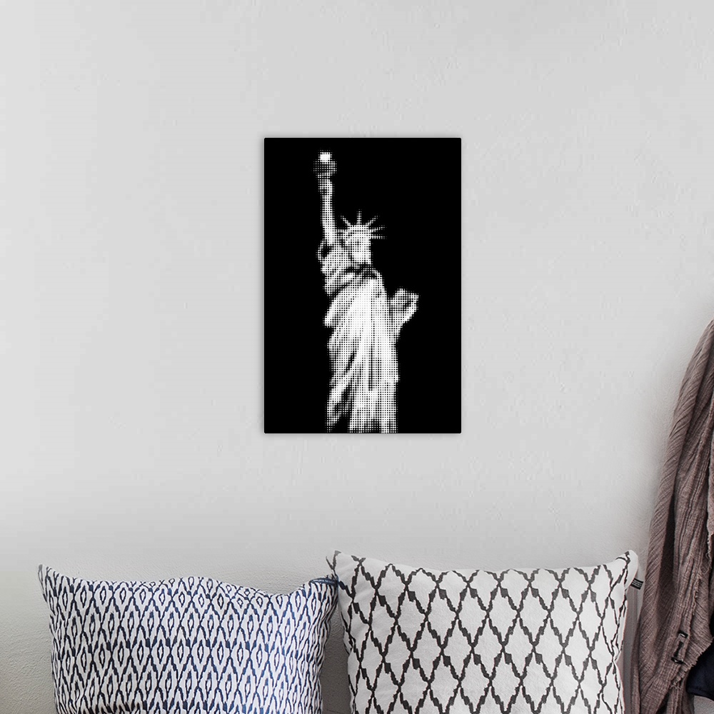 A bohemian room featuring Artistic photograph of the Statue of Liberty with a black and white pixel grain filter over the i...