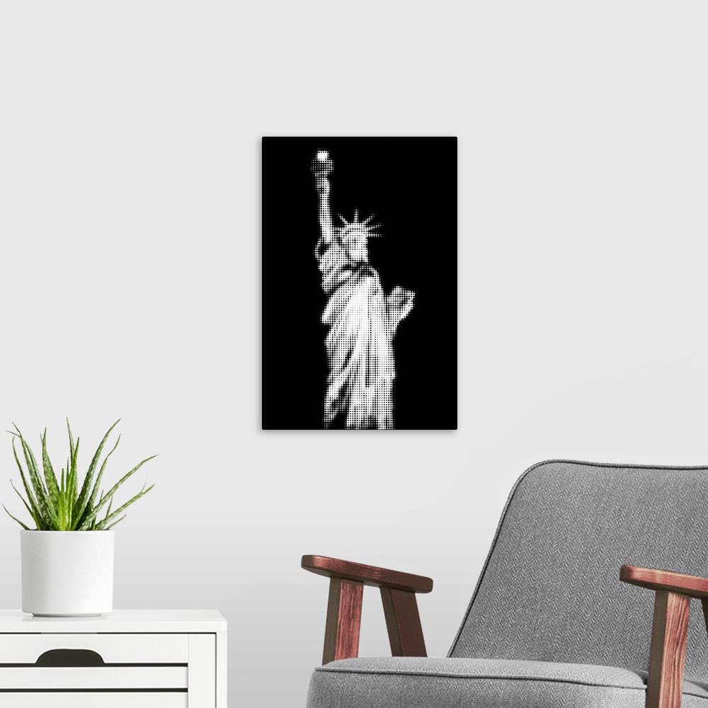 A modern room featuring Artistic photograph of the Statue of Liberty with a black and white pixel grain filter over the i...