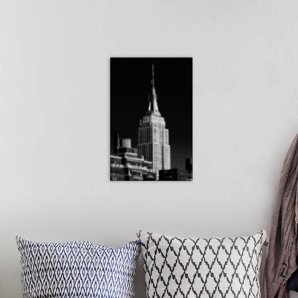 A bohemian room featuring Artistic photograph of the Empire state building with a black and white pixel grain filter over t...