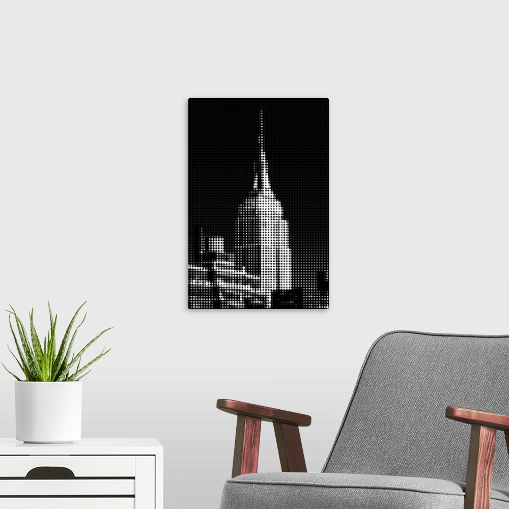 A modern room featuring Artistic photograph of the Empire state building with a black and white pixel grain filter over t...