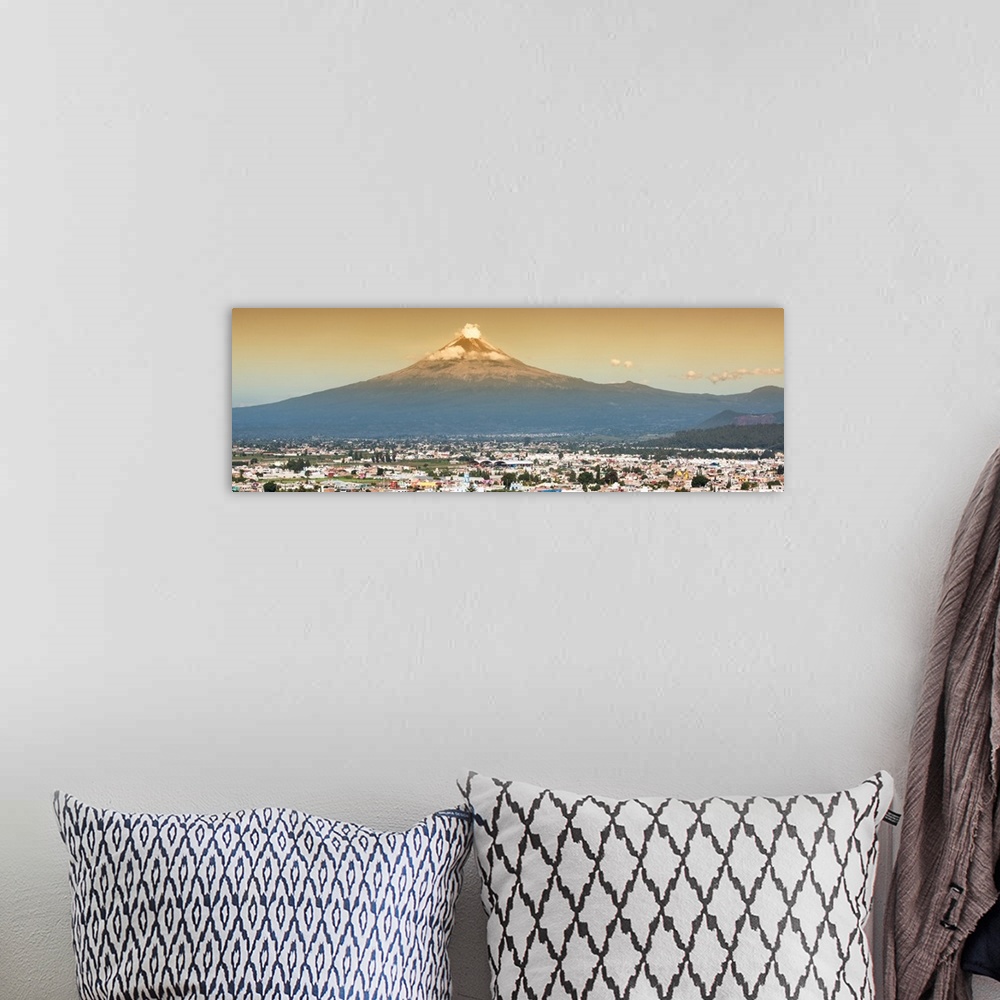A bohemian room featuring Panoramic aerial photograph of the Popocatepetl Volcano in Puebla, Mexico, with a bird's eye view...