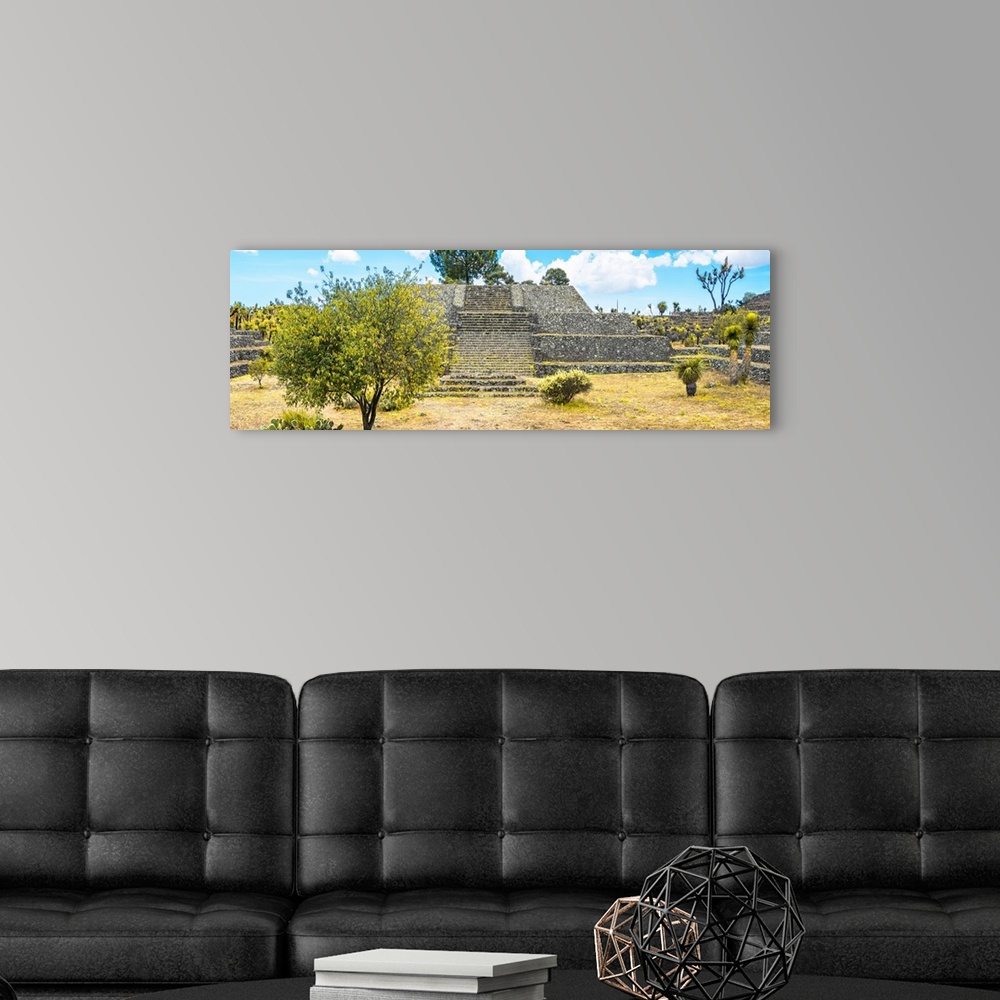 A modern room featuring Panoramic photograph of a pyramid a the Cantona Archaeological Ruins, Puebla, Mexico. From the Vi...