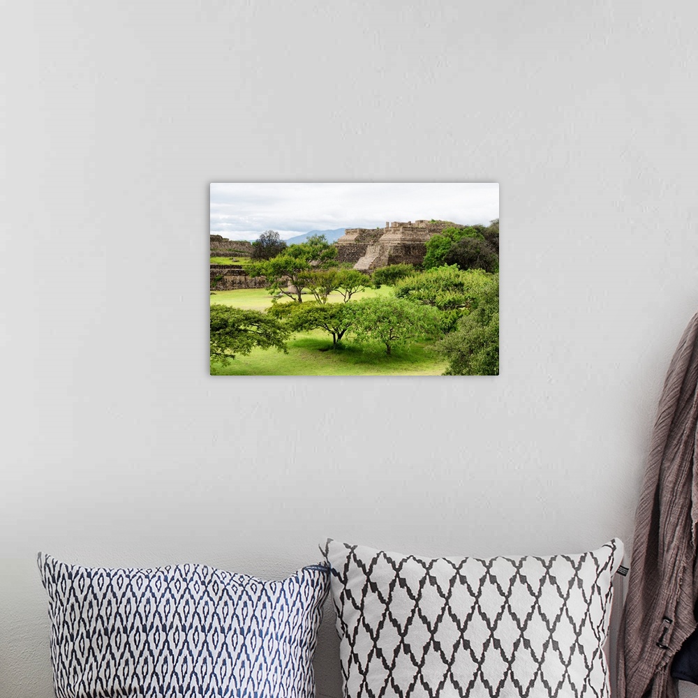 A bohemian room featuring Photograph of ancient pyramids at Monte Alban archaeological site in Oaxaca, Mexico. From the Viv...