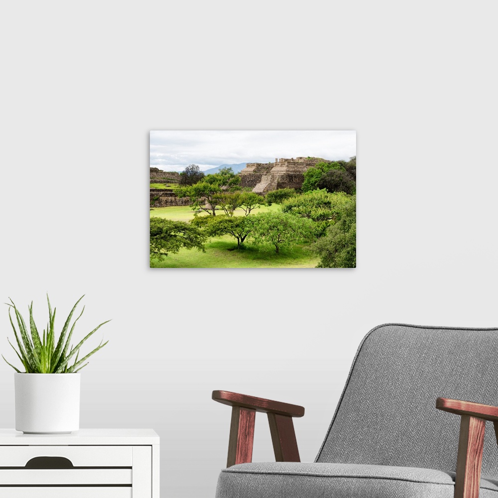 A modern room featuring Photograph of ancient pyramids at Monte Alban archaeological site in Oaxaca, Mexico. From the Viv...