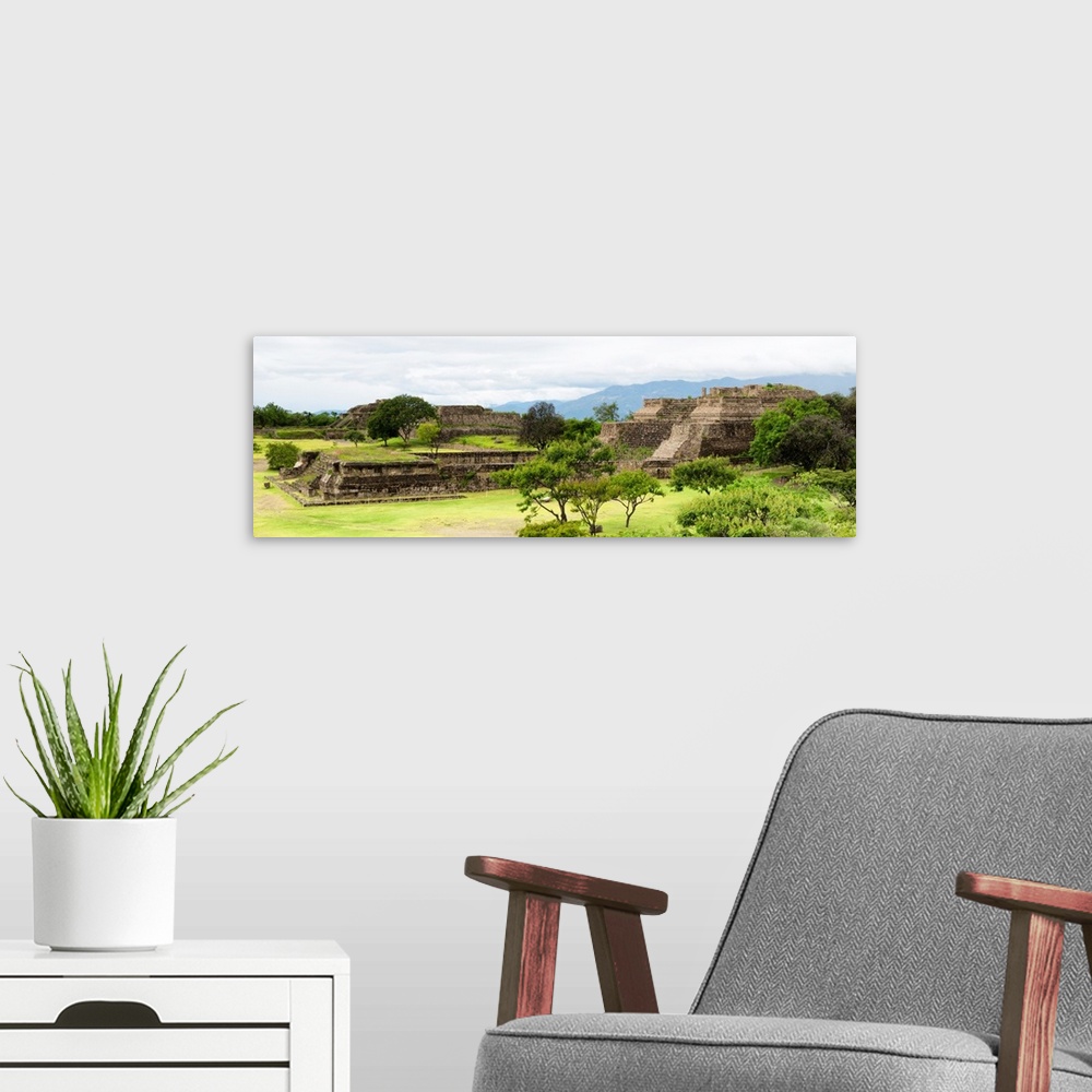 A modern room featuring Panoramic photograph of the pyramid of Monte Alban in Oaxaca, Mexico. From the Viva Mexico Panora...