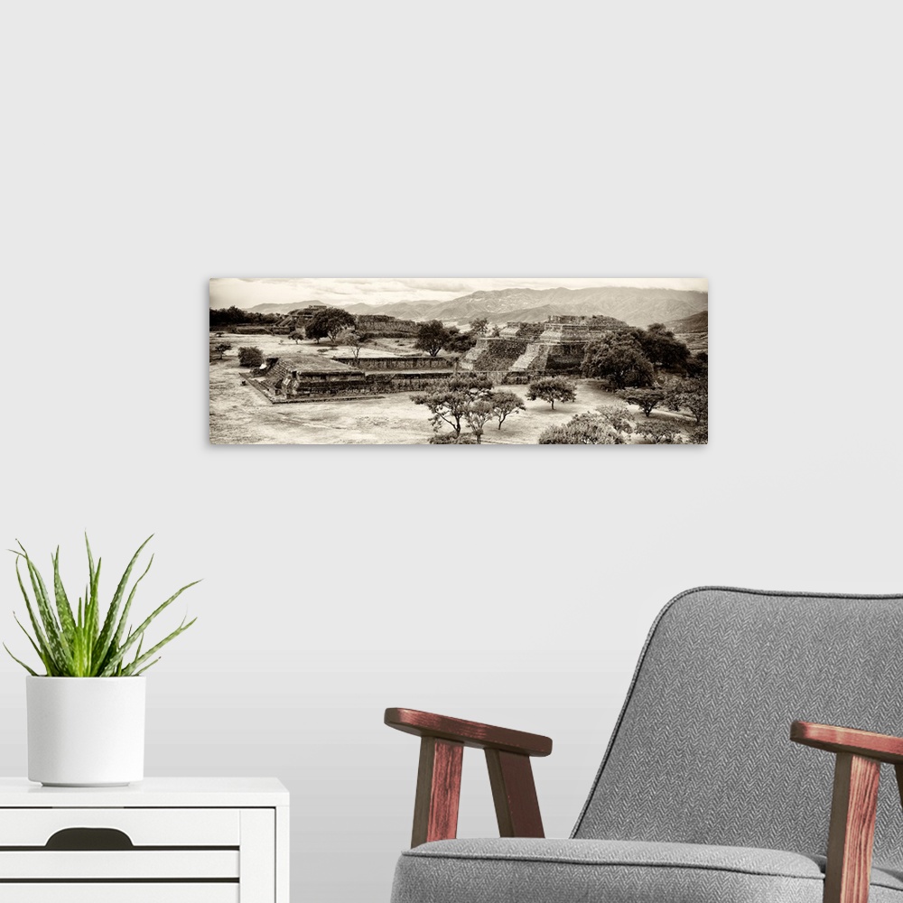 A modern room featuring Sepia panoramic photograph of the pyramid of Monte Alban in Oaxaca, Mexico. From the Viva Mexico ...