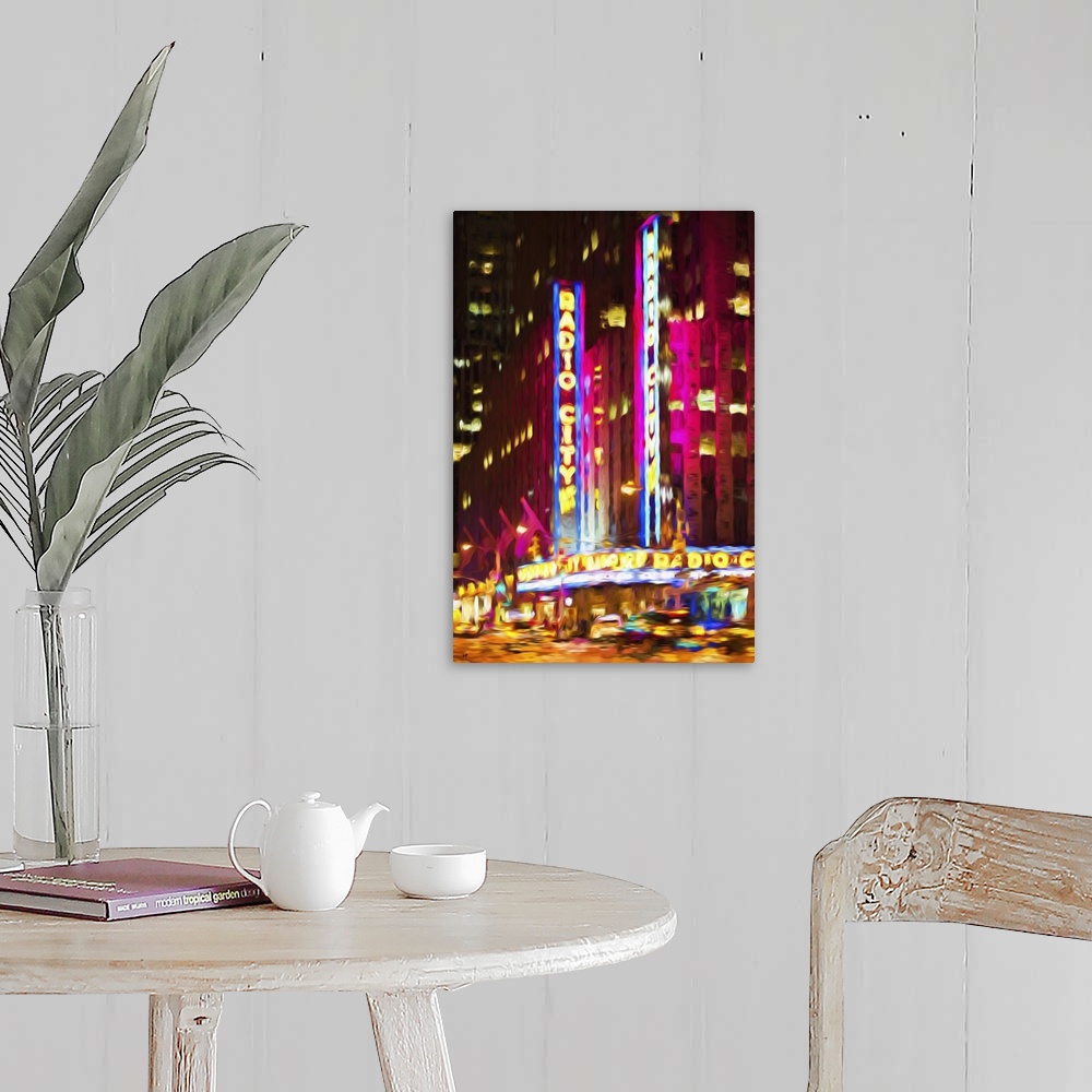 A farmhouse room featuring Painterly photograph of the Radio City Music Hall neon sign in Manhattan, NYC.