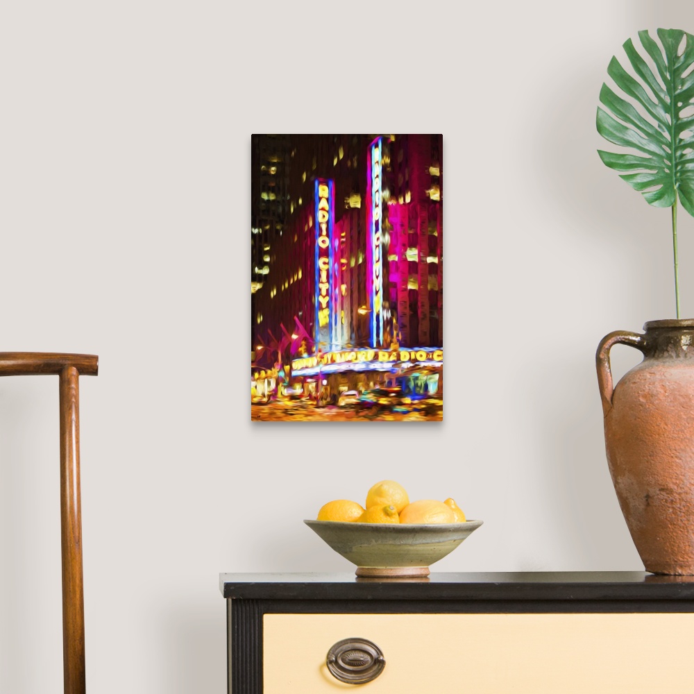 A traditional room featuring Painterly photograph of the Radio City Music Hall neon sign in Manhattan, NYC.