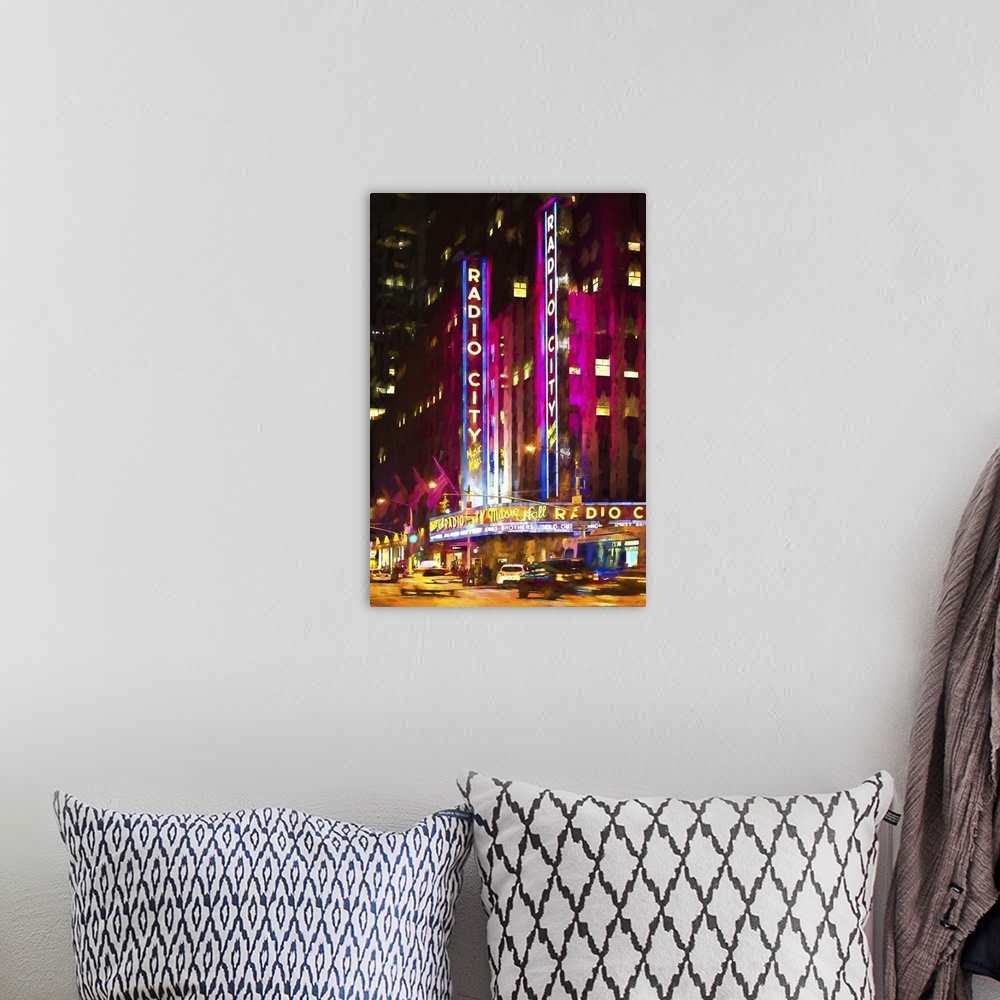 A bohemian room featuring Painterly photograph of the Radio City Music Hall neon sign in Manhattan, NYC.