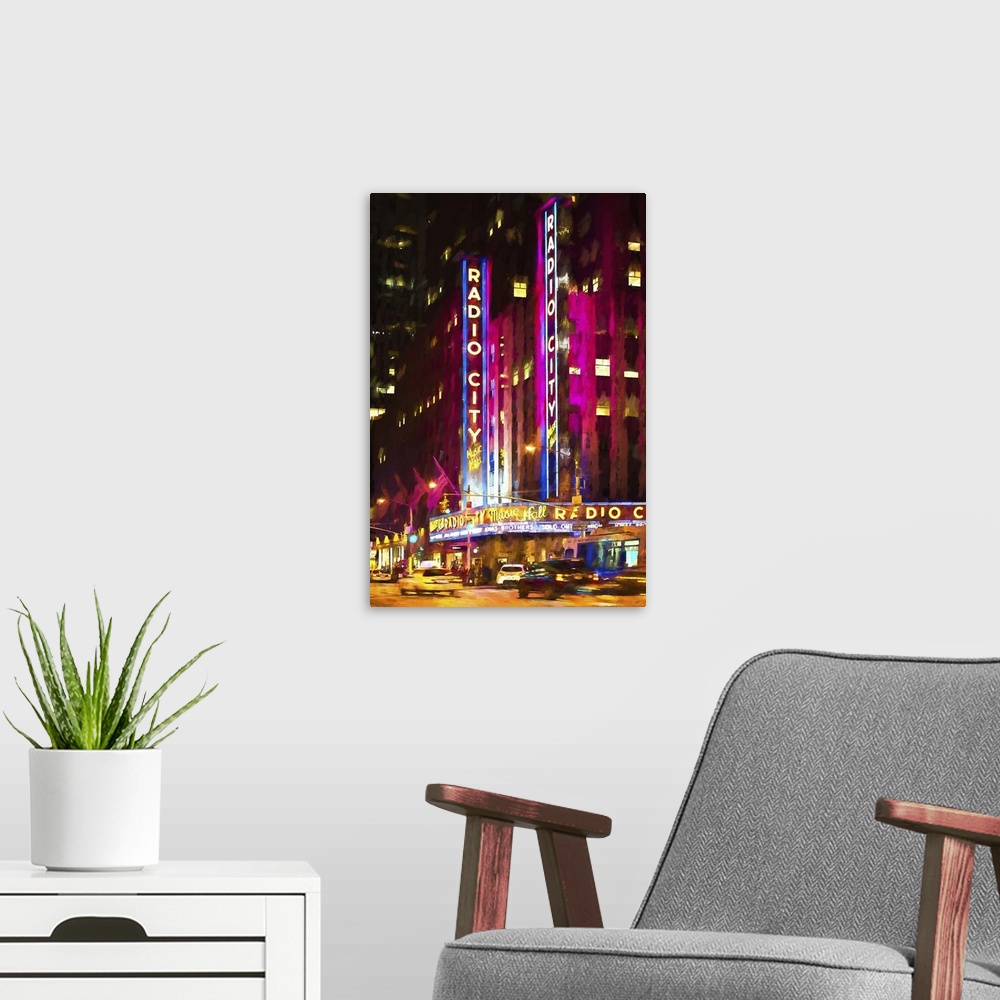 A modern room featuring Painterly photograph of the Radio City Music Hall neon sign in Manhattan, NYC.