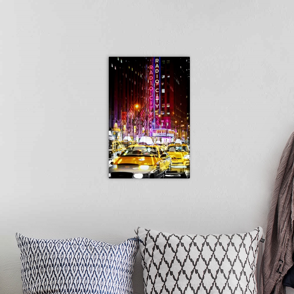 A bohemian room featuring Taxi cabs in front of Radio City Music Hall, with a layered effect creating a feeling of movement.