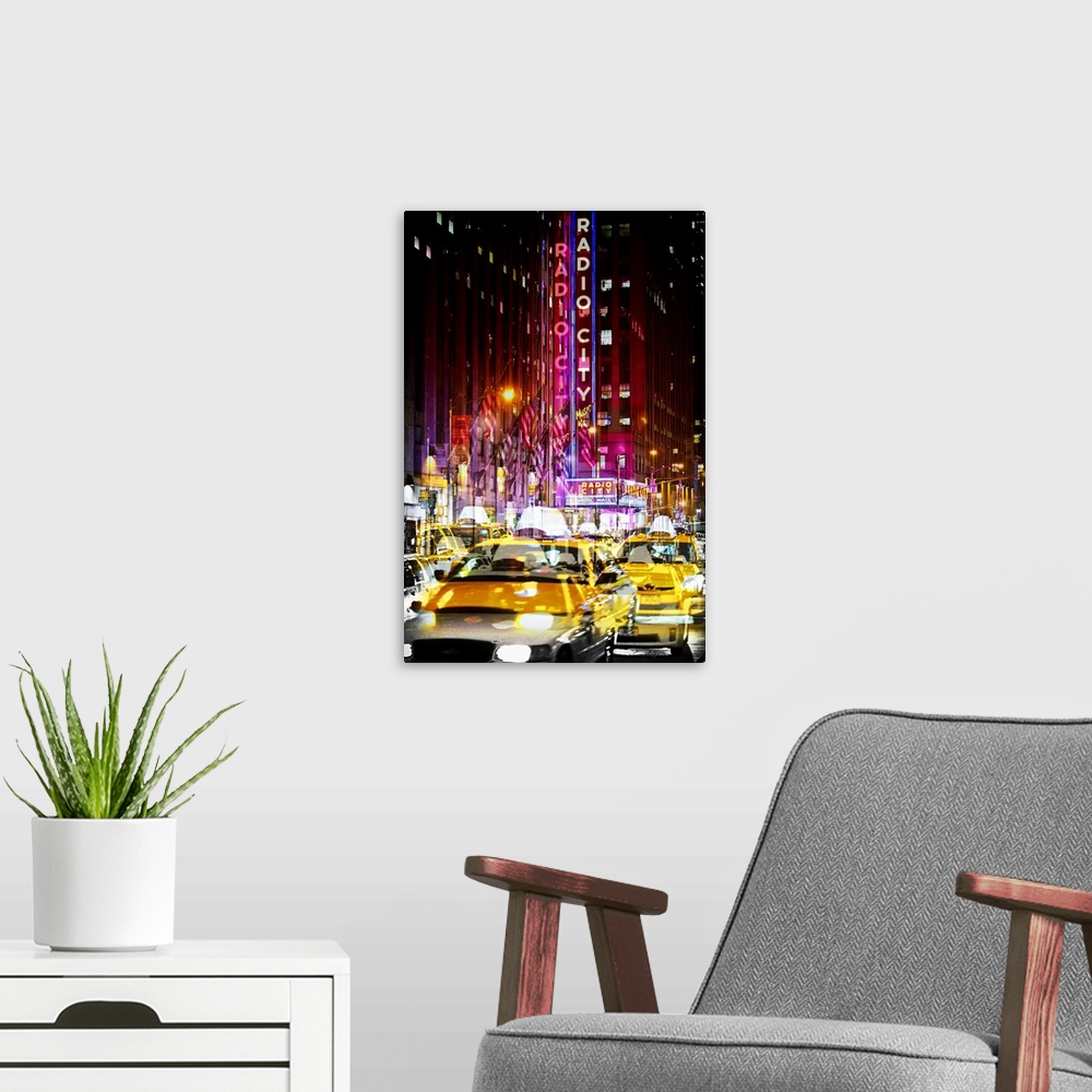A modern room featuring Taxi cabs in front of Radio City Music Hall, with a layered effect creating a feeling of movement.
