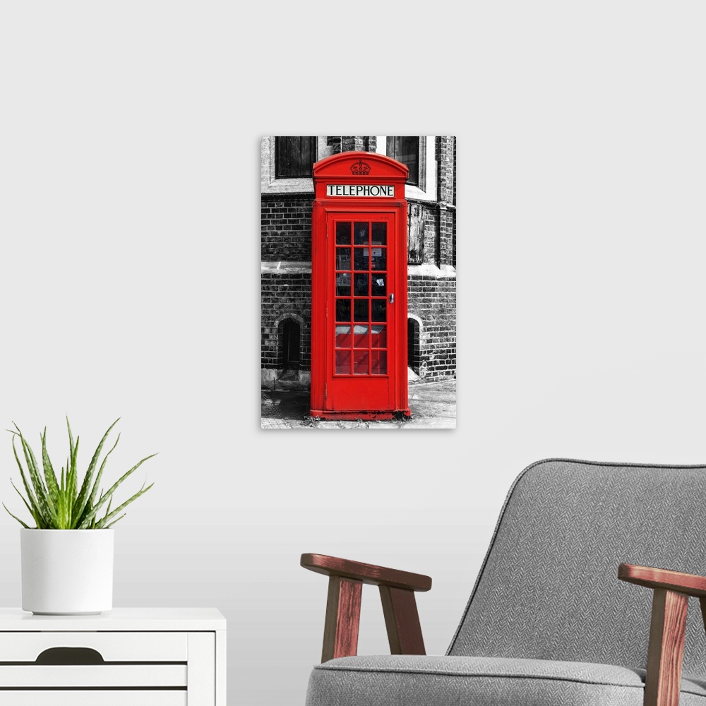 A modern room featuring Fine art photo of an iconic red telephone booth on a London street corner.