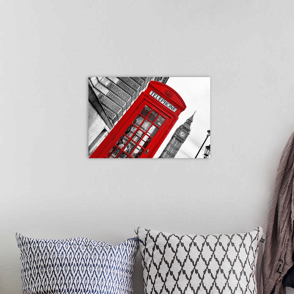 A bohemian room featuring Angled photo of a red telephone booth with the Big Ben clock tower in the background.